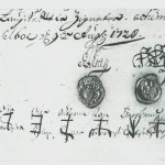 Underskrifter på et tingsvitne med fogd og sorenskrivers signeter og de åtte lagrettemenns bumerker.