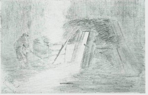 Koia var tømmerhoggerens primitive bolig. Fra Julskaret ved Slindvatnet. Etter tegning av Alstad (1885).