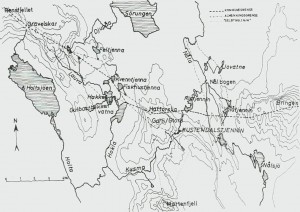 Kart over grensetraktene mellom Rensfjettet og Bringen.
