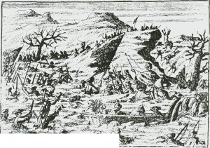 Karolinernes undergang i Tydalsfjella. Etter et fantasifullt bilde i en gammel tysk avis.