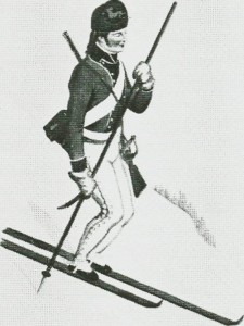 Skiløpersoldat fra Trøndelag. Etter tegning av J.F.L. Dreier.