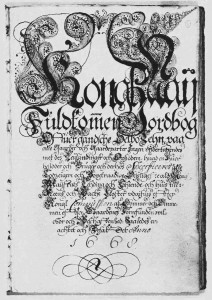 Den praktfullt dekorerte «Kong. May. Vuldkommen ) ordbog Off uer gandsche Selbo Lehn» fra 1668.