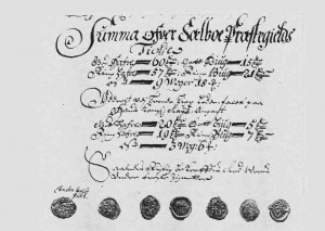 Fra fogdregnskapet 1687. Tiendesummene med sogneprest Christian Blochs og seks menns signeter.
