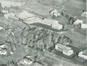 Skoleanlegget på Bell, gamleskolen t.v., nyskolen i sentrum. Samfunnshuset «Gimle» nederst t.h. Foto: Ragde.