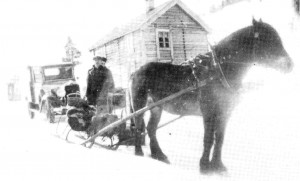 Før 1930 var det ingen bilveg til Sjøbygda. Her ved Sjøvik i Vikvarvet ble bi­len parkert og Arnt J. Storodd tar over med Brunen og spiss-sleden.