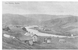 Fra garden Bakken, i forgrunnen, er det utsyn nedover grenda, Tuset, Skogan og Uthus til høgre for elva, Nesset (delt i mange bruk) til venstre. Bildet er fra ca. 1914.